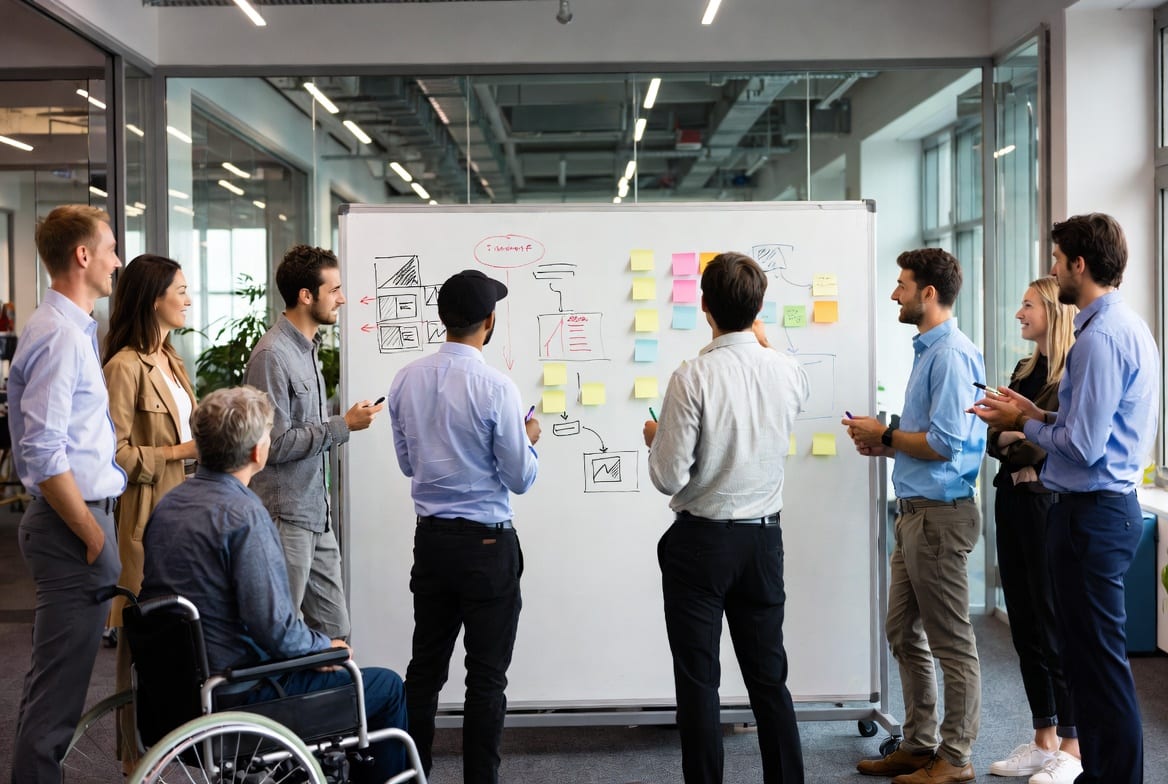 Team using mobile whiteboard for collaborative brainstorming session in modern New Zealand office