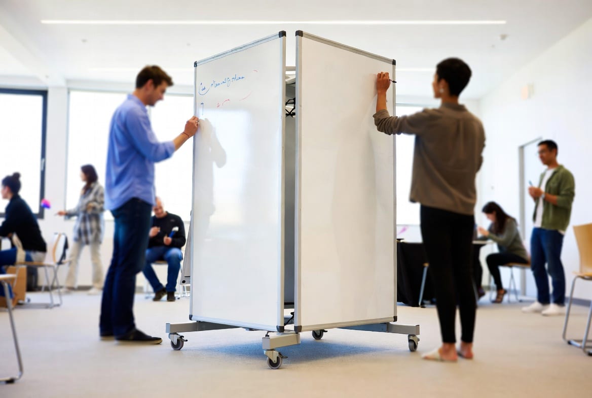 double-sided mobile whiteboard being used in a flexible meeting or classroom setting