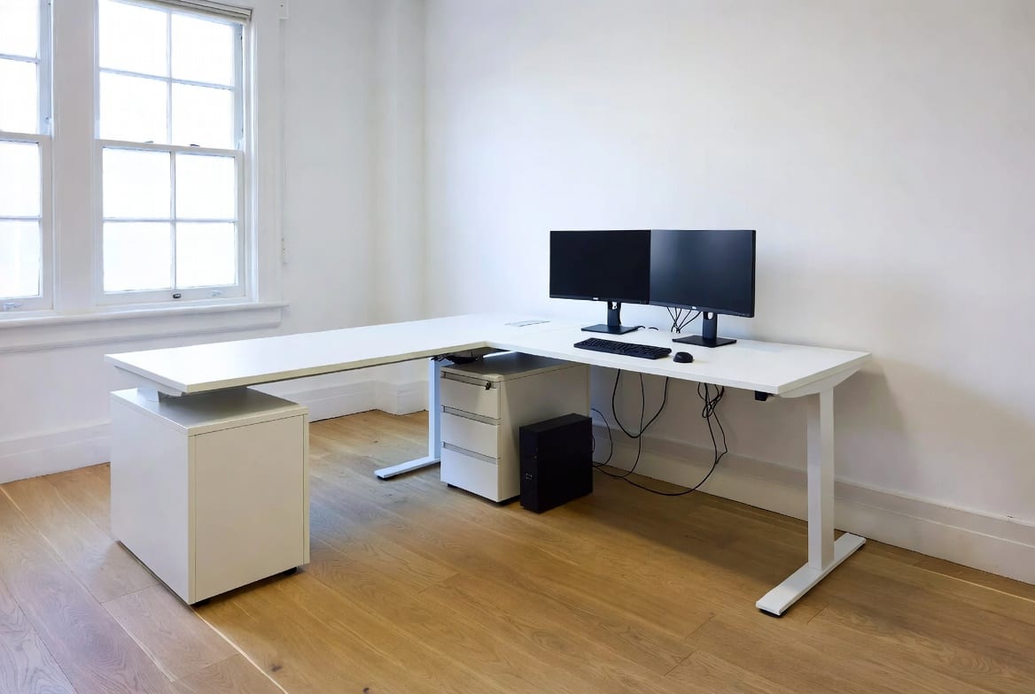 L-shaped office desk maximising space in a compact Auckland office