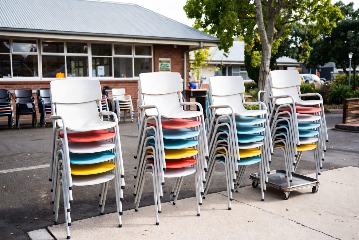 Stackable plastic chairs set up for outdoor dining or an event in New Zealand