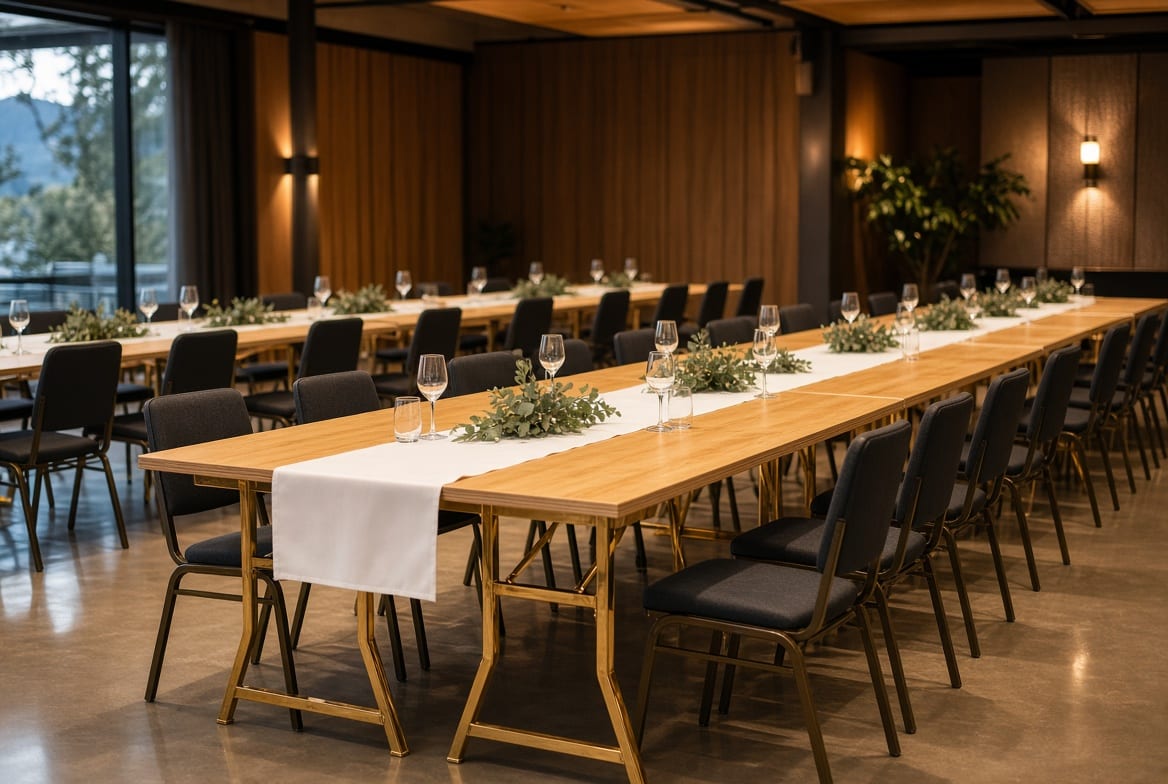 Lacquered plywood folding tables set in a row for a function centre banquet