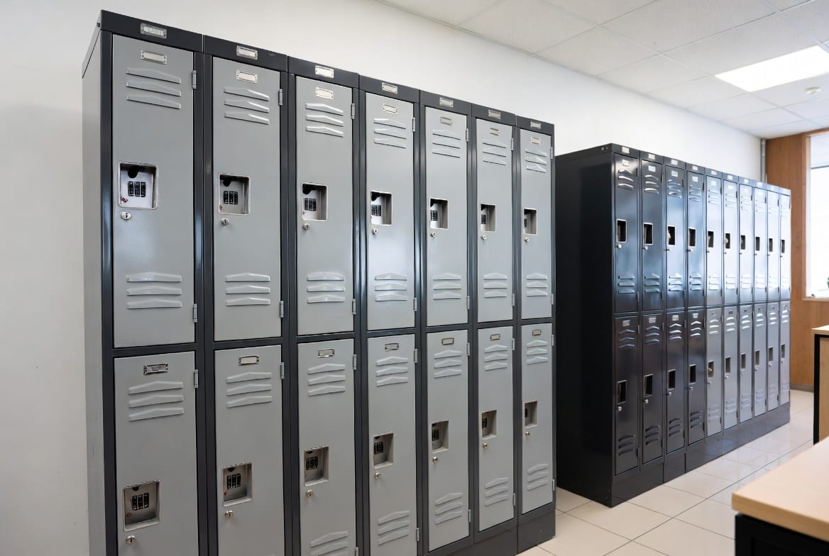 Modern metal lockers providing security in a New Zealand office or commercial workplace