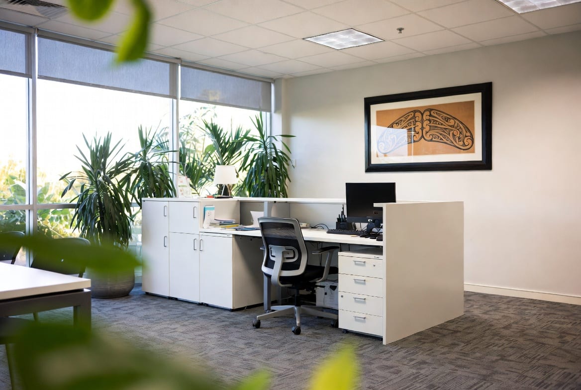 Modern office reception desk with storage and welcoming design for NZ businesses
