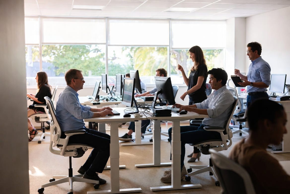 staff working comfortably at adjustable desks and ergonomic chairs in a New Zealand office