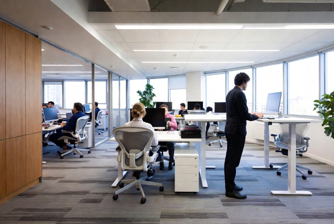 Modern NZ office with ergonomic chairs and standing desks supporting productive staff