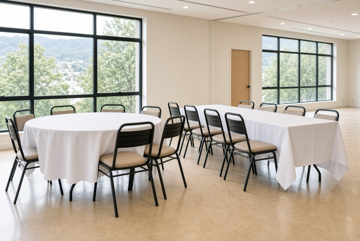 Round and rectangular folding tables set up side by side for a banquet event