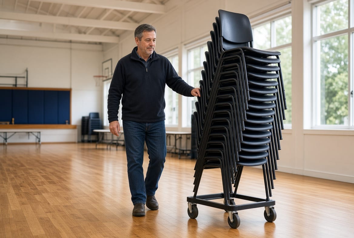 staff using a chair trolley to move stacked chairs efficiently in a school hall