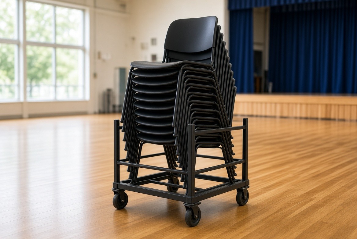 Stackable chair trolley loaded with commercial stacking chairs in NZ venue