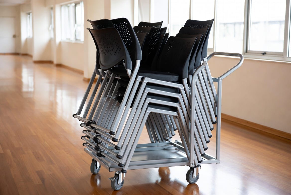 Neatly stacked commercial stacking chairs on a trolley ready for storage in a school or event hall