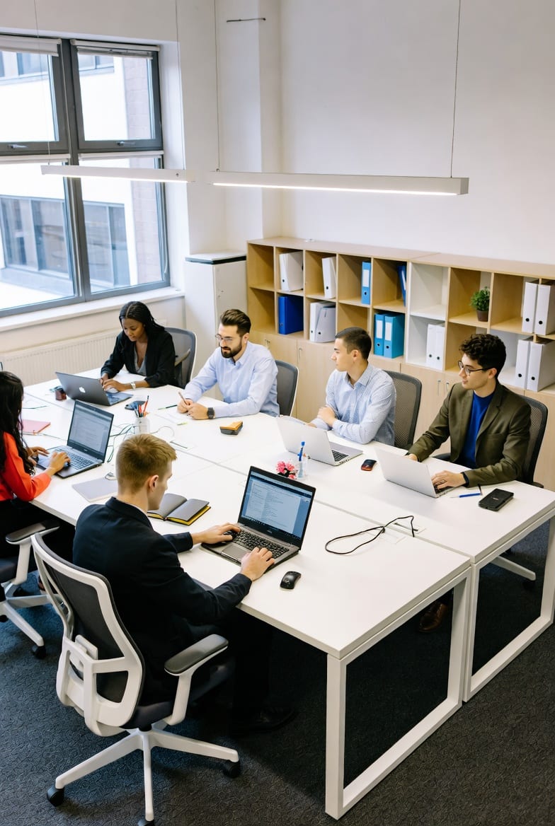 New Zealand startup team working at desks with ergonomic chairs and storage cupboards