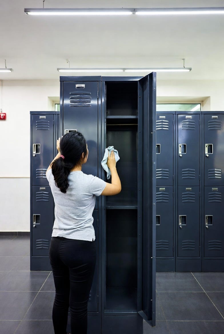 Person cleaning inside of a metal locker cabinet