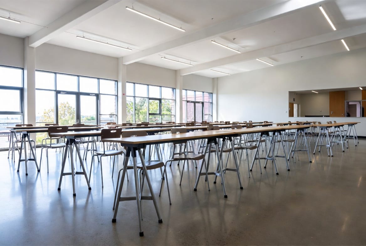Trestle tables set up in a Wellington school hall or community venue