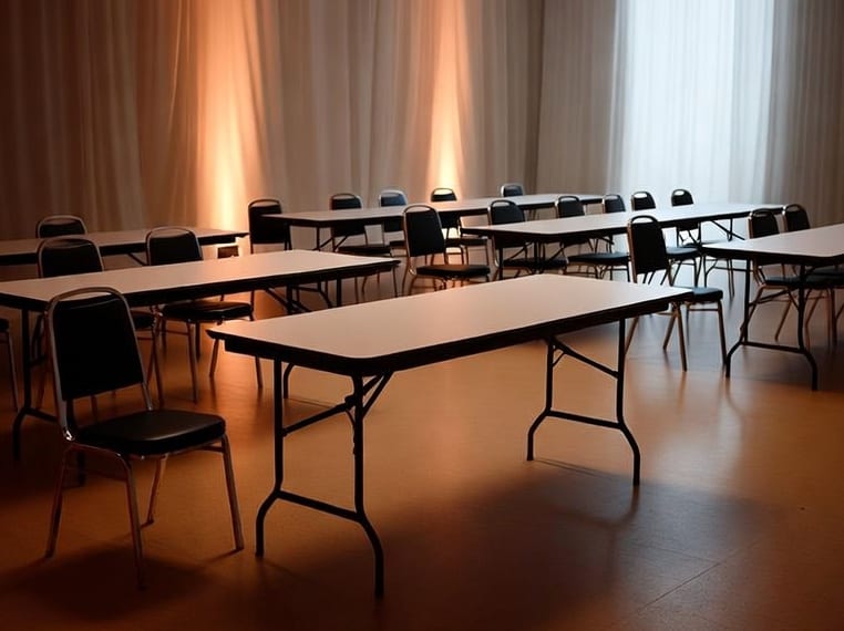 Durable commercial trestle tables set up in a Manukau City event venue with chairs