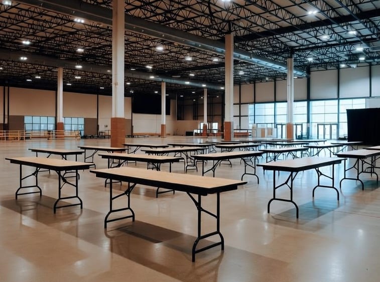 Trestle tables set up for an event at a Manukau City venue