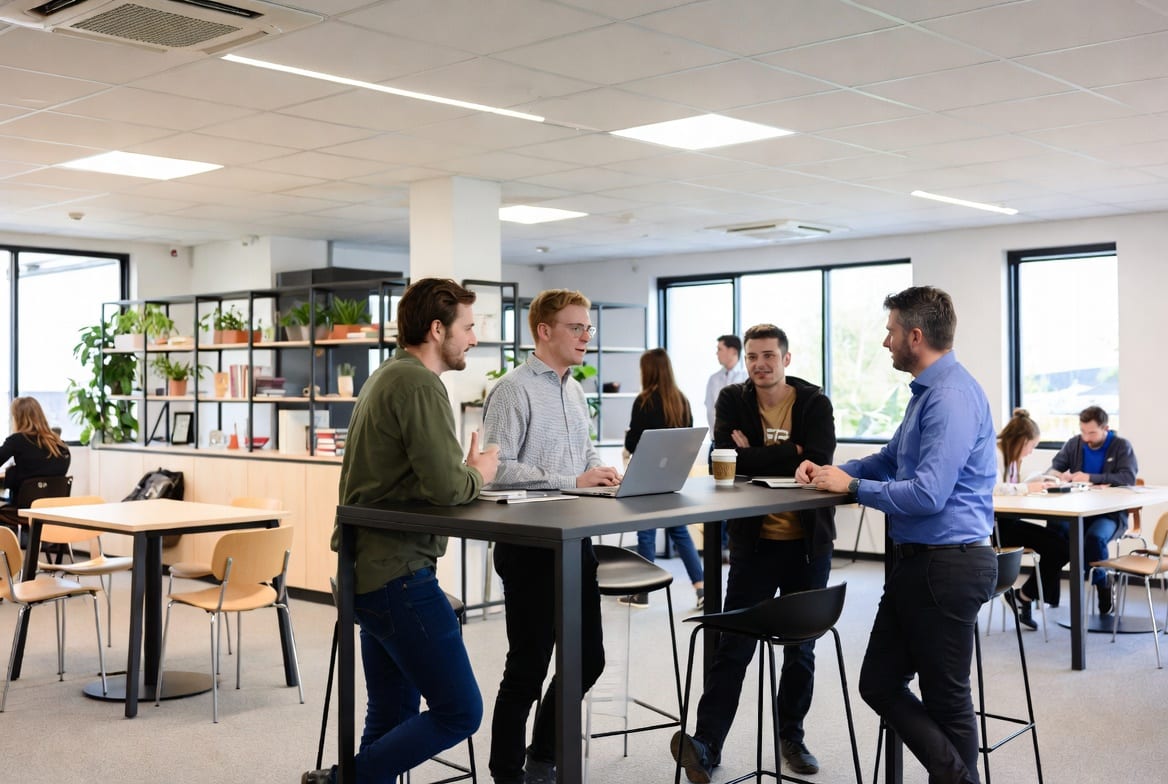 office breakout area with bar leaner table used for informal standing meetings