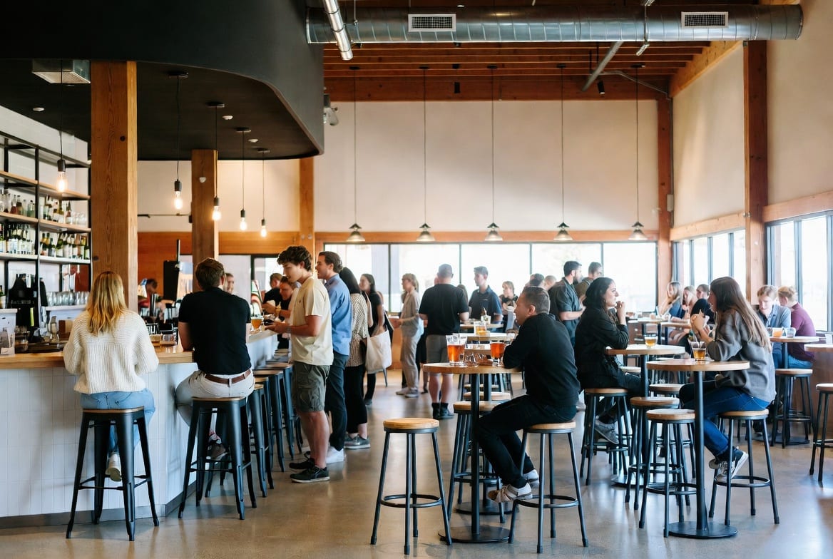 Modern NZ cafe or bar with stylish bar leaners and stools for social standing and seating