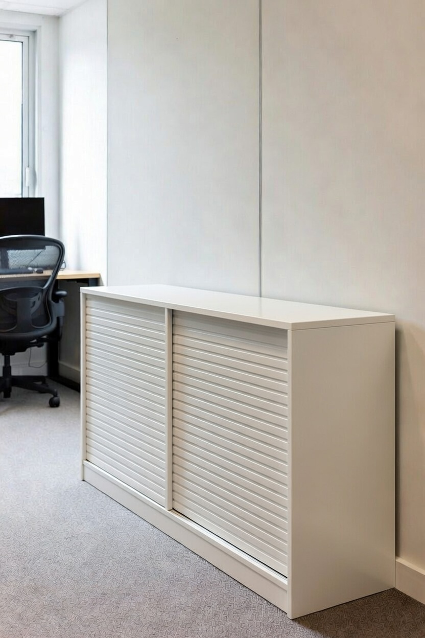 Modern tambour cabinet with sliding doors in NZ office for space-saving storage