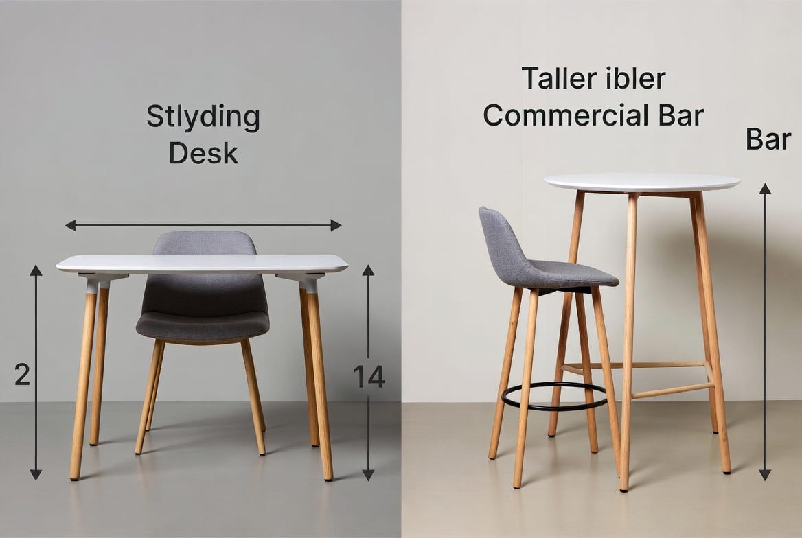 side-by-side comparison of standard table height versus bar table height with stool