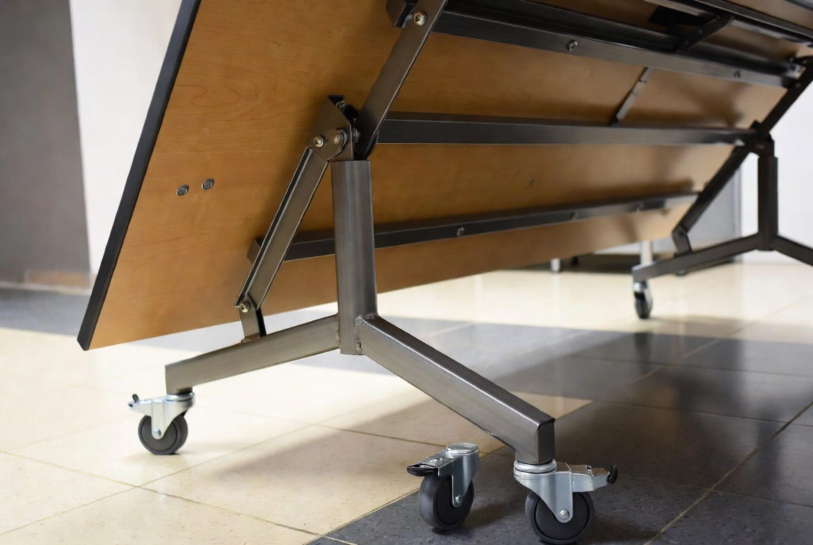 Close-up of flip top table on wheels showing the flip mechanism and locking castors