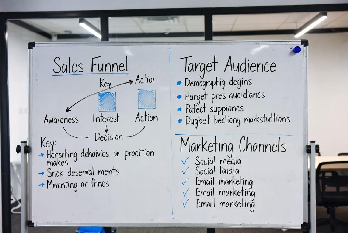 clean structured whiteboard layout used during a client sales meeting