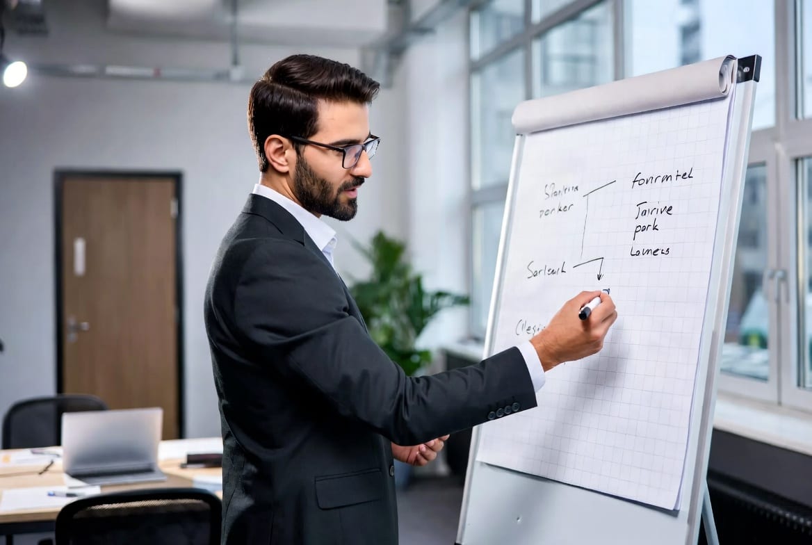 Professional using a whiteboard during a sales pitch or client presentation in a modern NZ meeting room