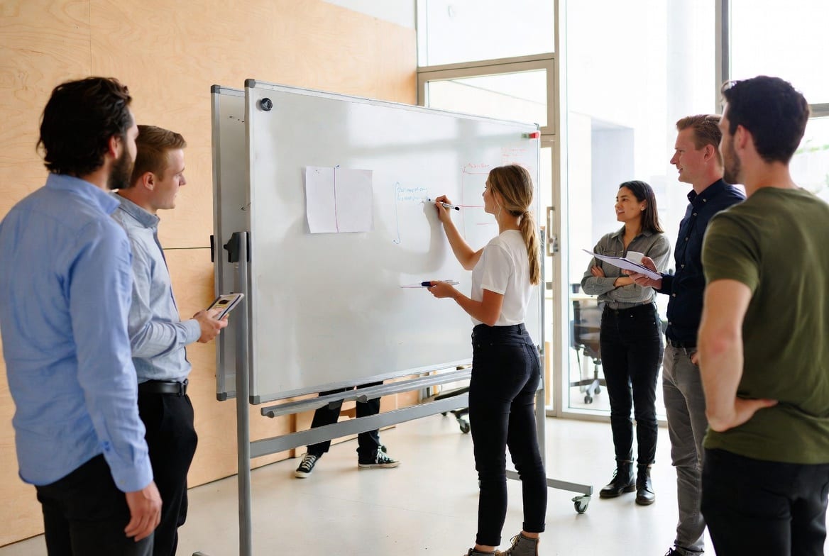 Double-sided mobile whiteboard on wheels being used in a flexible NZ office or school environment
