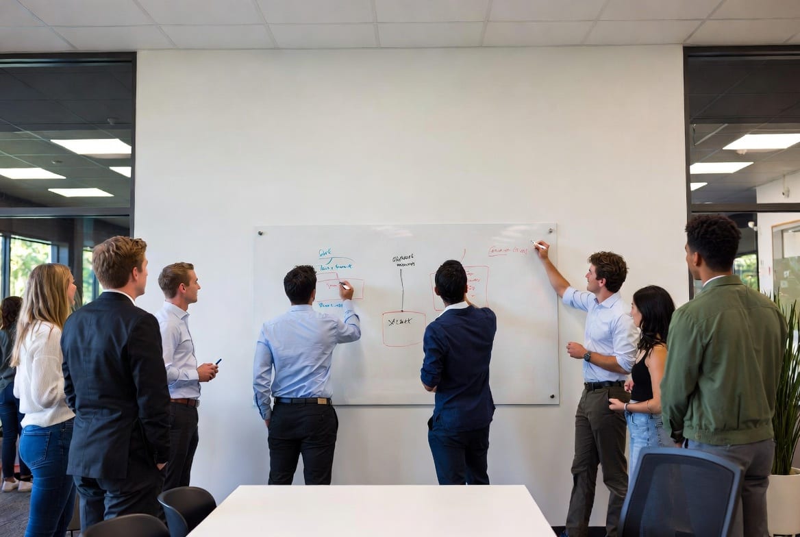 Modern magnetic whiteboard in New Zealand classroom or office setting with people collaborating