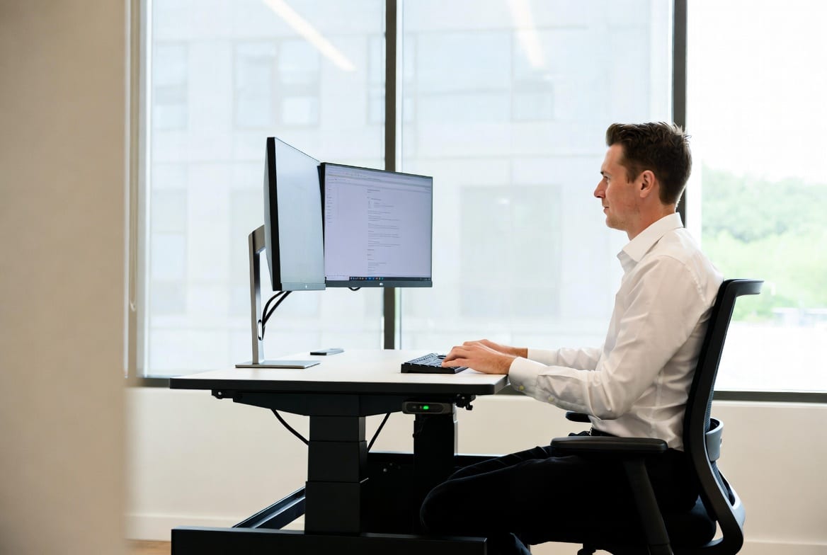 Modern electric adjustable desk in bright NZ office with professional working