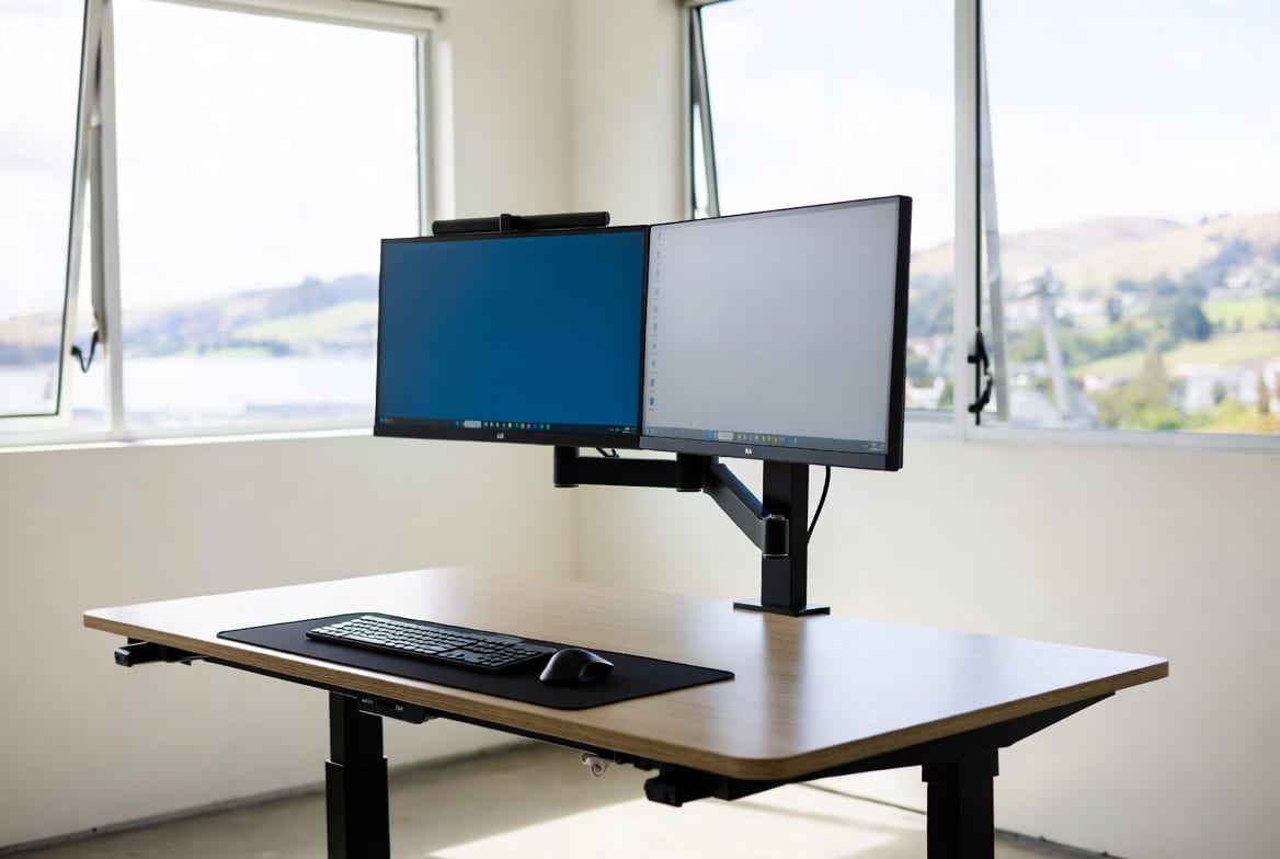 Haven electric adjustable desk with dual monitors in modern office setting