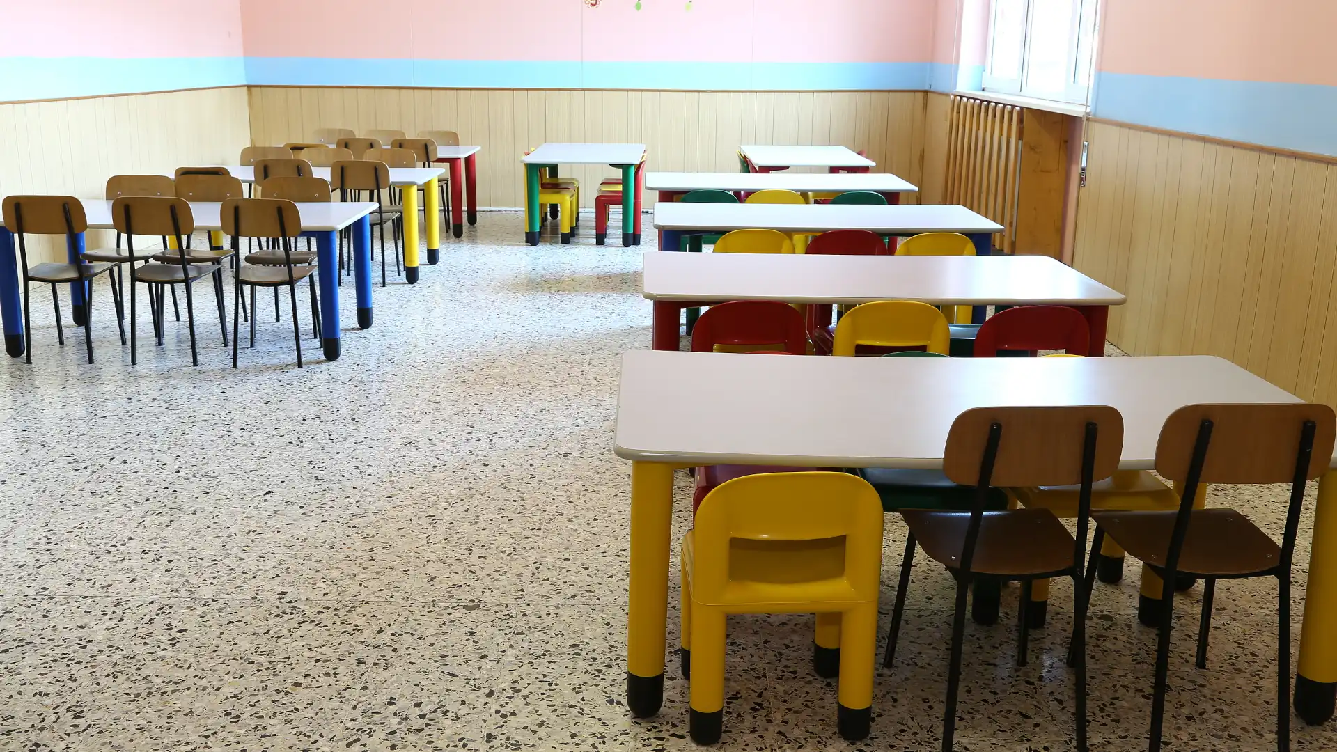 student chairs in a colourful classroom
