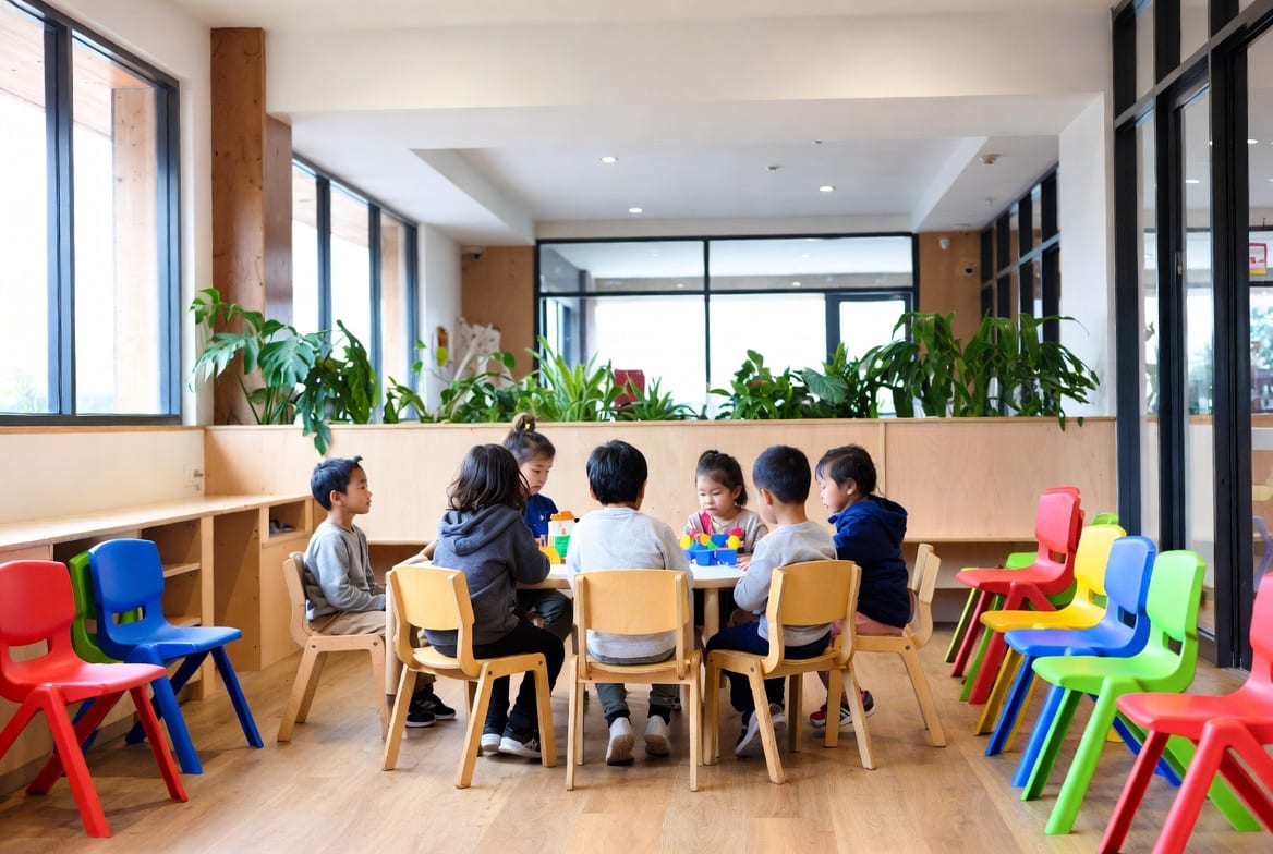 Young children sitting on plastic and wooden chairs in a New Zealand early childhood centre